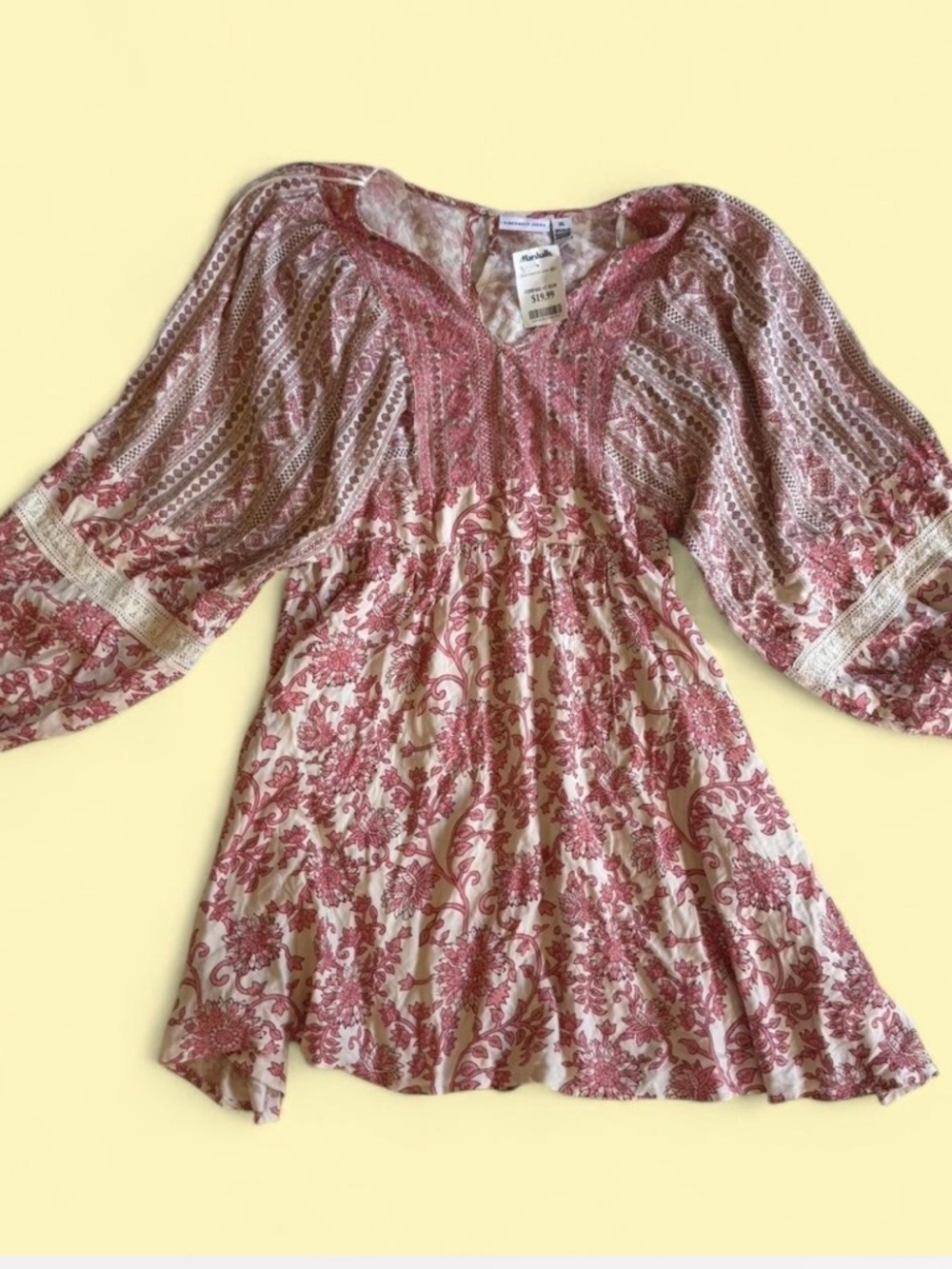 Sincerely Jules Cream and Dusty Rose Long Sleeve Boho Mini Dress